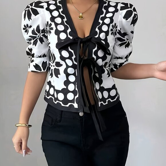 Noir Blossom Tie-Front Blouse – Puff Sleeve Statement Top - Picture 5 of 5